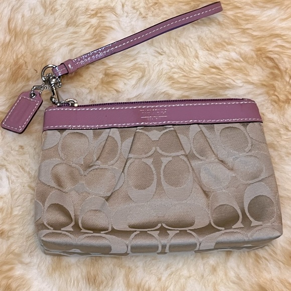 Coach Signature Logo Khaki & Purple Leather Trim Wristlet ✨👜💜 - Picture 1 of 5